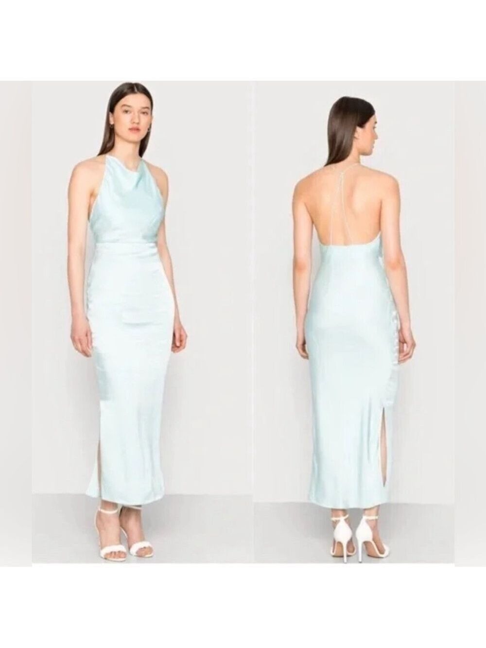 Samsøe Linea Long Satin Maxi Dress in Iced Aqua. size Large